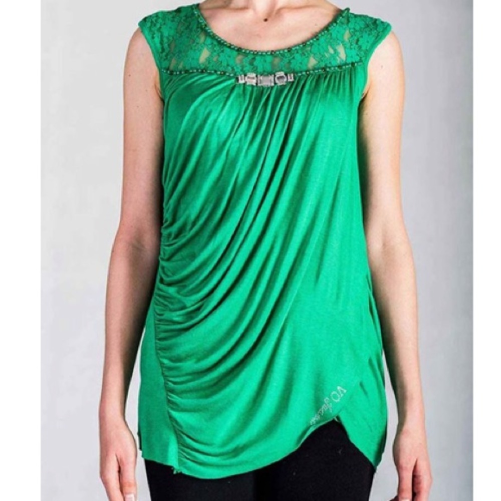 Green Lace Studded Detail Tank Sleeveless Top